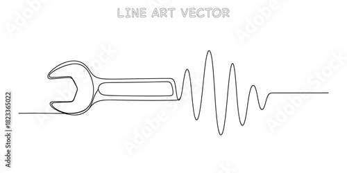 Continuous line drawing of a mechanic wrench tool turning into a heartbeat pulse line