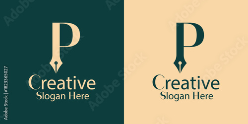 Letter P monogram logo designed with a fountain pen nib negative space