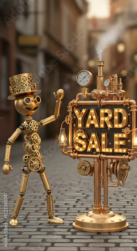 Wallpaper Mural Charming steampunk robot character with goggles and top hat advertising a 'Yard Sale' on a vintage cobbled street. Torontodigital.ca