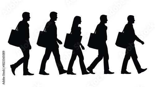 Silhouettes of people walking with shopping bags isolated on white background, Vector