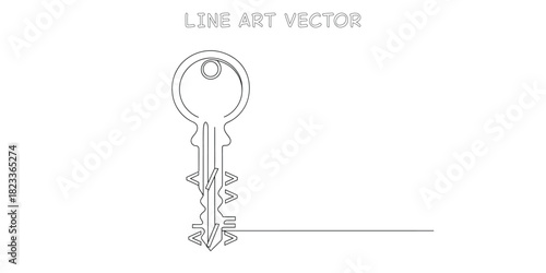 Complex mechanical key with jagged teeth bits in line art
