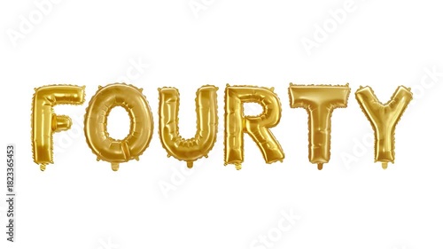 fourty gold foil balloons shaped like the number forty with ribbons against a white background studio shot

