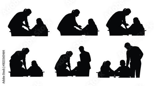 Teacher and student interaction silhouettes isolated on white background, Vector
