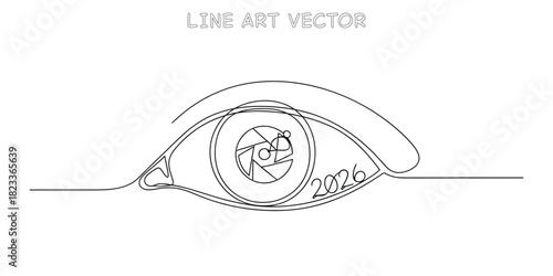 Human eye with camera aperture pupil and 2026 text on lower lid