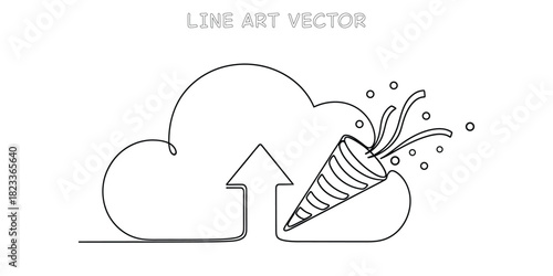 Cloud upload arrow icon containing a party popper confetti cone