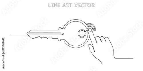 Door key with a fingerprint scanner and finger touching it