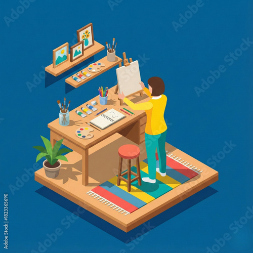 Vibrant isometric scene showcasing an artist's creative studio with a person immersed in painting on an easel, surrounded by brushes, paints, and inspiring artworks