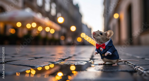Fototapeta Naklejka Na Ścianę i Meble -  Elegant Mouse in Suit on City Street at Night Bokeh.