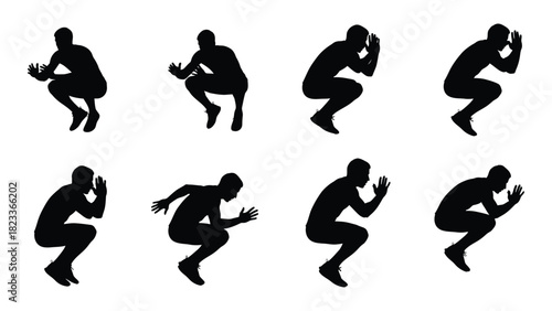 Athletic man squatting and jumping silhouettes isolated on white background, Vector