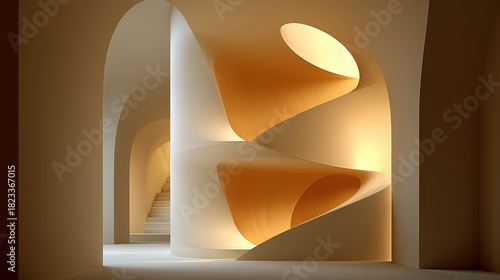 An abstract architectural interior with soft lighting creating a warm ambiance. The space features smooth, curved surfaces and geometric shapes.