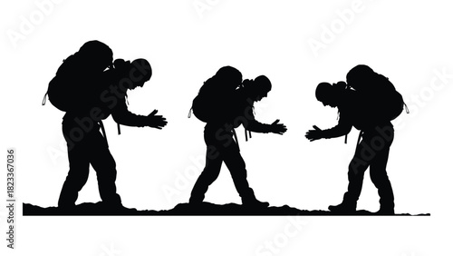 Three backpackers silhouette isolated on white background, Vector