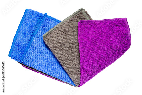 Set of multicolored microfiber cloths on a white background. Microfiber kit isolated