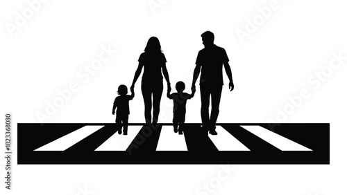 Family silhouette on crosswalk isolated on white background, Vector