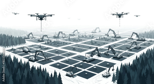 Futuristic automated forestry operation with drones planting seeds and robotic excavators clearing a gridded deforested landscape.