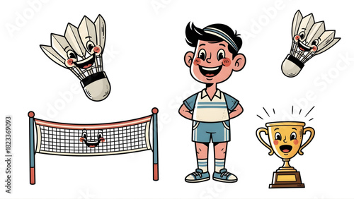 Happy cartoon badminton players, shuttlecocks, net, and trophy illustration