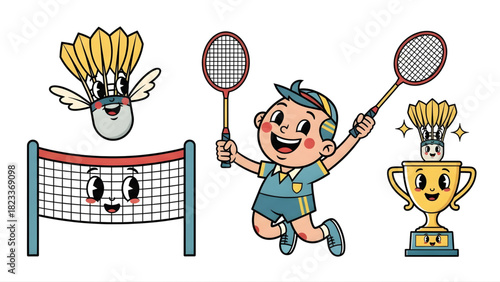 Fun Badminton Characters and Trophy for Sports Illustrations