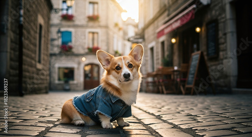 Fototapeta Naklejka Na Ścianę i Meble -  Cute Corgi dog in denim jacket on old town street.