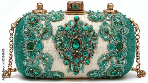 A detailed view of a luxurious, rectangular clutch purse adorned with intricate beadwork and sparkling emerald green gemstones.