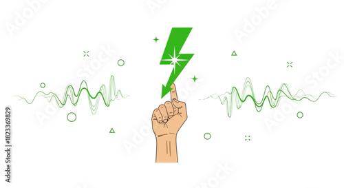 Vector hand pointing at vibrant green lightning bolt surrounded by dynamic energy waves and abstract geometric shapes.