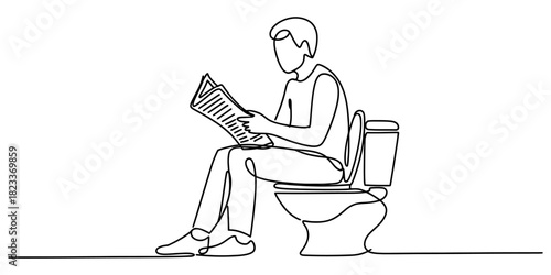 Continuous line drawing of a person reading newspaper on toilet, concept of privacy, daily routine, bathroom habits, contemplation Vector, illustration