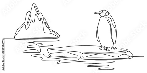 Single continuous line art of an emperor penguin on an ice floe with a towering iceberg in the background, a minimalist arctic scene. Vector, illustration