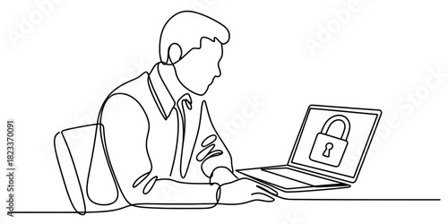 Continuous line drawing of a man working on a laptop with a padlock icon, symbolizing digital security, data protection, and cybersecurity. Vector, illustration