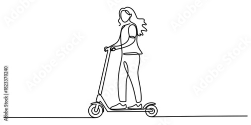 Continuous line art drawing of a young woman riding an electric kick scooter, representing modern urban mobility and sustainable transport. Vector, illustration
