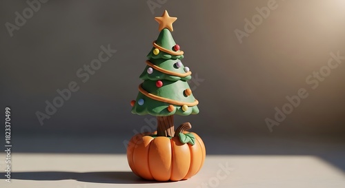 Festive Christmas Tree Decoration atop a Pumpkin Base, Holiday Ornament.