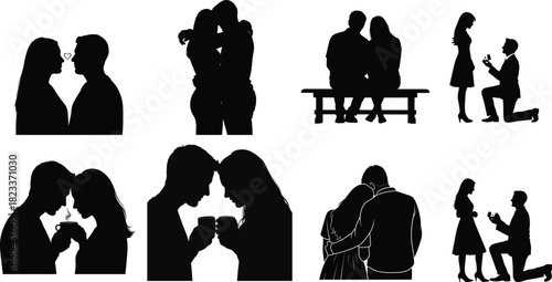 Silhouette collection of couples in love and romantic moments together