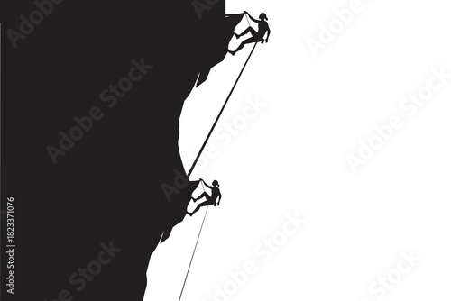 Two silhouettes are rappelling down a cliff in black and white creating an engaging contrast