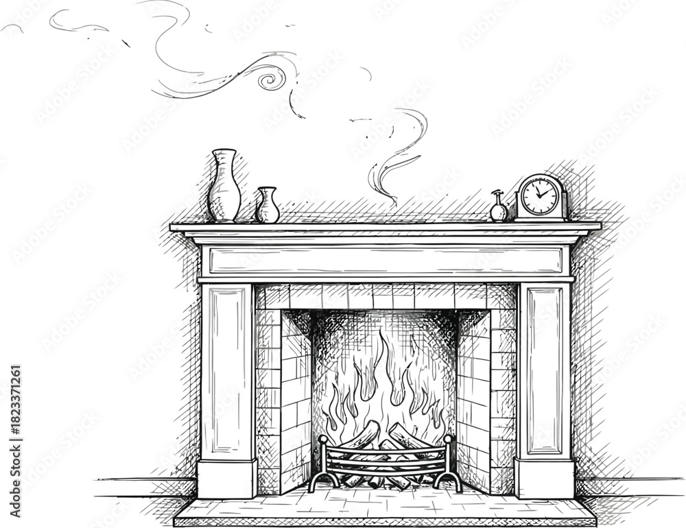 Fototapeta premium Fireplace drawing mantel fire logs smoke sketch illustration interior home art