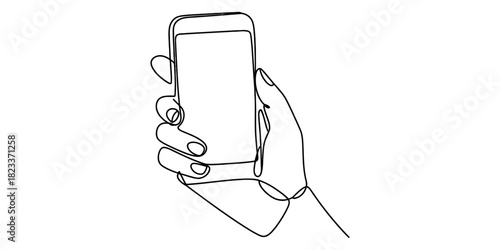 Continuous line art drawing of a human hand holding a modern smartphone, depicting mobile technology, digital communication, and internet interaction concept. Vector, illustration
