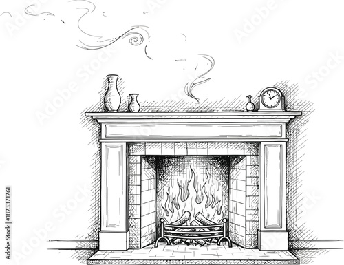 Fireplace drawing mantel fire logs smoke sketch illustration interior home art