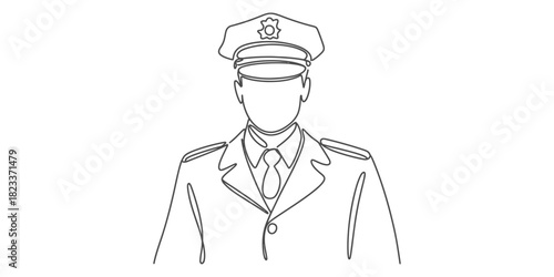 Continuous single line drawing of a police officer in uniform with a peaked cap, representing law enforcement, security and justice. Vector, illustration