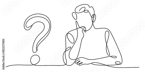 Continuous line art drawing of a pensive man contemplating a large question mark, symbolizing doubt, inquiry, and problem-solving concepts. Vector, illustration