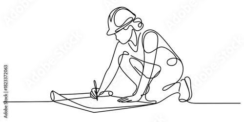 Continuous line drawing of a focused architect or engineer in a hard hat kneeling and working on construction blueprints, design plans. Vector, illustration