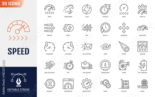 Speed icon set. Containing fast, slow, movement, productivity, indicator, turbo, speeding, gauge, express and speedometer. Vector illustration