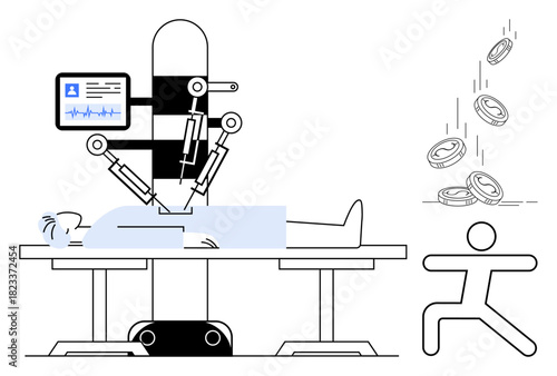 Robotic arms perform surgery on a patient aided by medical equipment, while coins fall near a figure. Ideal for healthcare, technology, automation, innovation, cost analysis, economy, futuristic