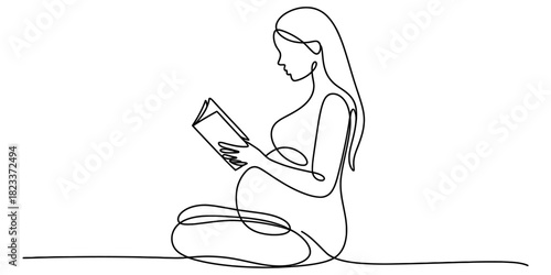 Continuous line art drawing of a serene pregnant woman thoughtfully reading a book, symbolizing maternity, education, relaxation, and peaceful anticipation. Vector, illustration