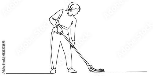 Single continuous line art drawing of a person, likely a woman, effectively mopping the floor to ensure cleanliness and hygiene Vector, illustration