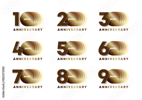 10周年から90周年までの節目を華やかに彩る、ゴールドグラデーションの高級感あふれるアニバーサリー記念ロゴアイコンセット