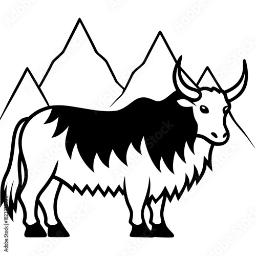 Yak stands before mountains