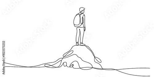 Continuous line drawing of a lone person with a backpack standing on a hill, contemplating the vast horizon, symbolizing journey and new paths Vector, illustration