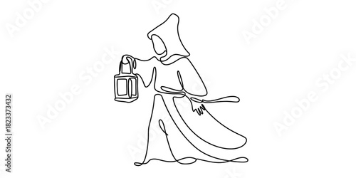 Continuous line drawing of a mysterious hooded figure in a robe holding an old lantern, minimal one-line art illustration on white background Vector, illustration