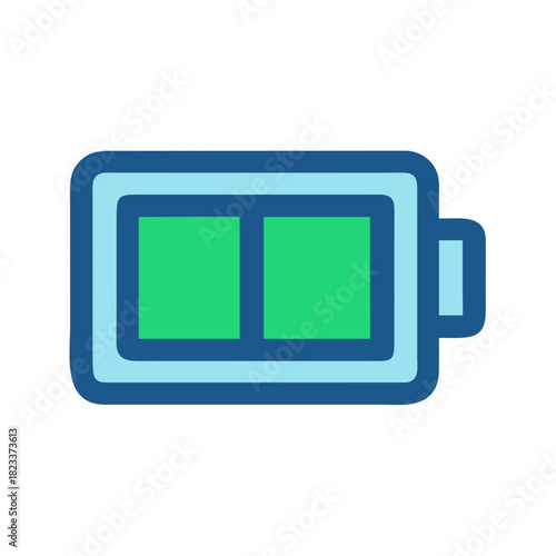 Stylized blue outline battery icon with green charge level
