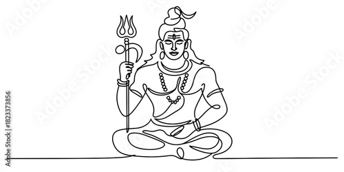 Continuous line art of hindu deity lord shiva meditating with a trishul, representing spiritual enlightenment, divine power, and eternal peace. Vector, illustration