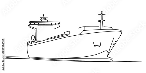 Continuous line drawing of a modern cargo ship or tanker for global trade, maritime transport, logistics, and ocean freight operations, minimalist vector illustration Vector, illustration