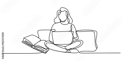 Continuous line drawing of a person working remotely, studying with a laptop and an open book, representing modern education and freelance. Vector, illustration