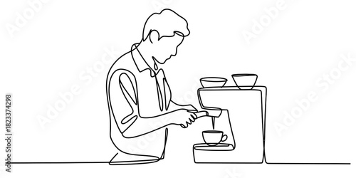 Continuous line drawing of a professional person making delicious coffee with an espresso machine, serving hot beverage into a cup, minimalist art Vector, illustration