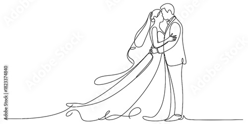 Continuous line art of a newlywed couple, bride in dress and groom in suit, sharing a tender kiss, symbolizing love, union, marriage Vector, illustration